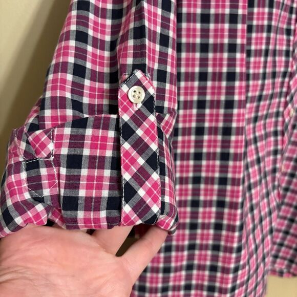 Talbots Pink Black White Plaid Button Down Cotton Blouse Petite Large NWT - Picture 3 of 9